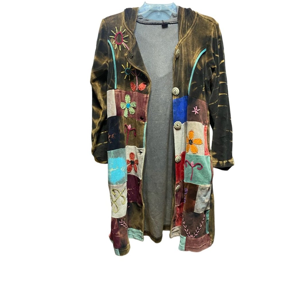 One of a Kind Hooded Tie Dye Patchwork Velour Hippie Jacket From Nepal size Medi